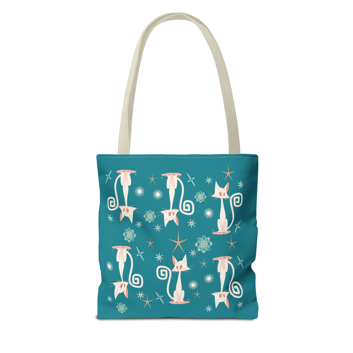 Mid-century modern tote bag featuring white kitschy cats on a teal background with coral accents and atomic motifs.