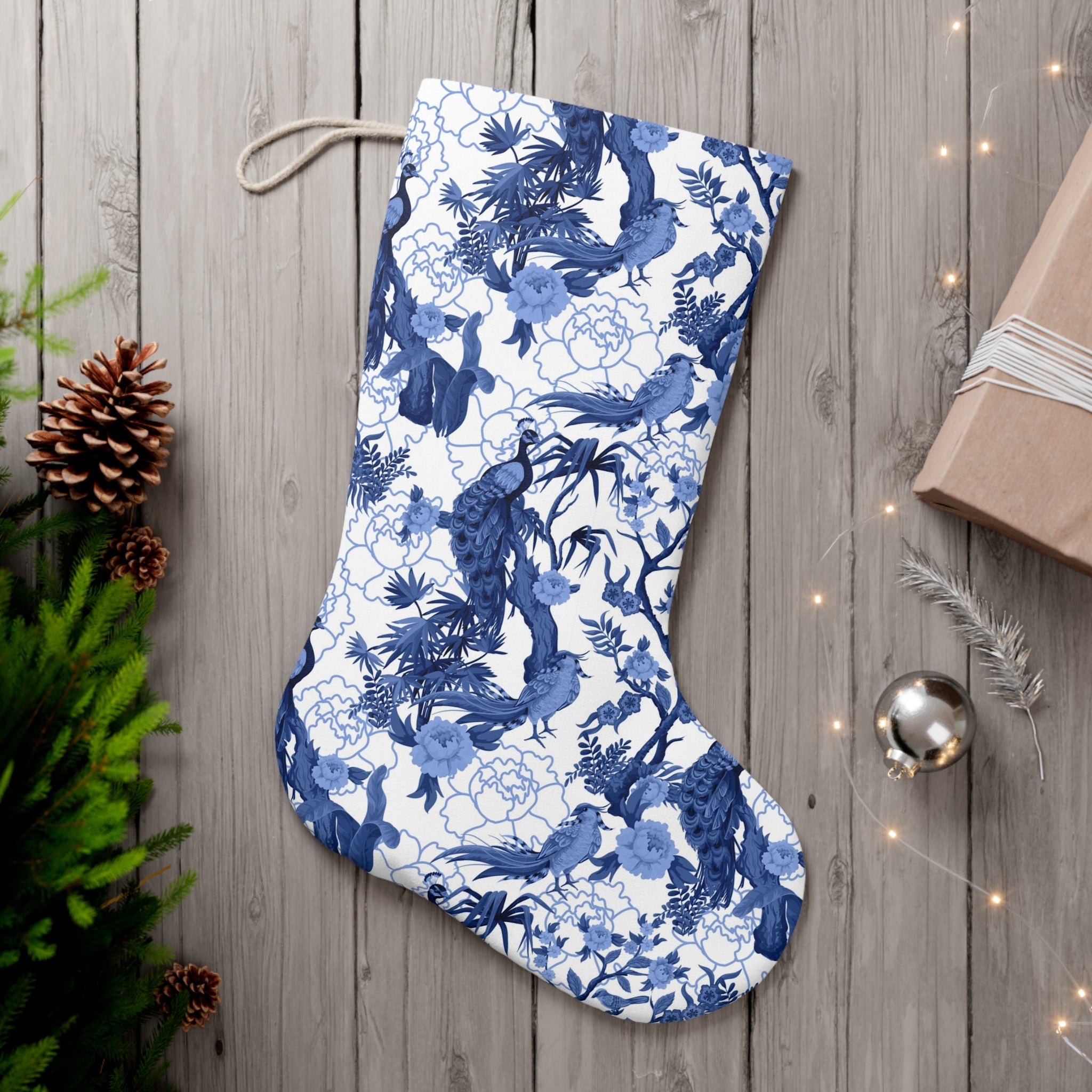 Chinoiserie Christmas Stocking , Blue, White Willow, Peacock, Floral Flourishes, Chinoiserie Holiday Collection