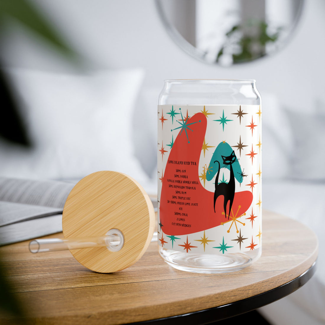 Long Island Iced Tea Atomic Cat Vintage Inspired Sipper Glass - 16oz with Retro Design and Straw - Mid Century Modern Gal