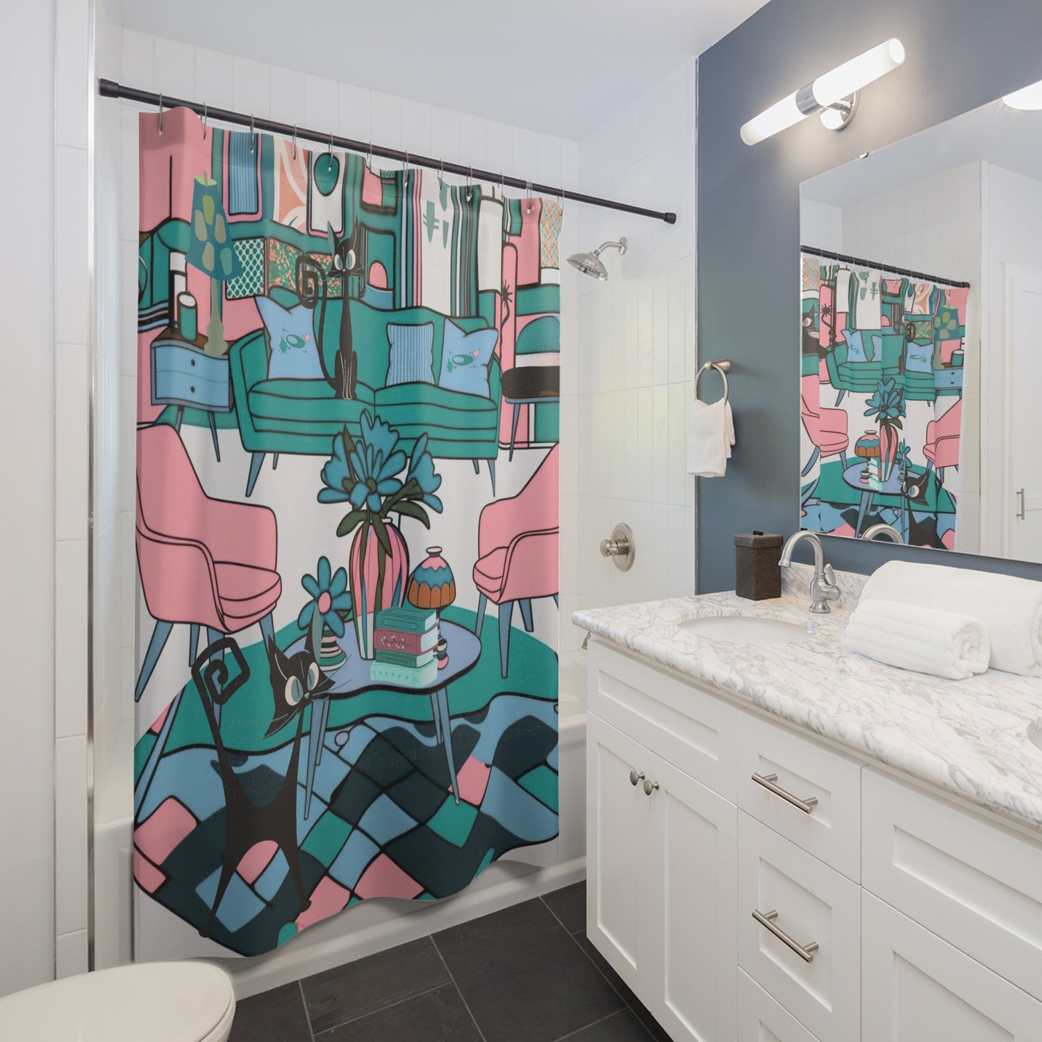 Atomic Cat Mid Century Modern Quirky Whimiscal Cat-Themed Shower Curtain for Trendy Home Décor - Mid Century Modern Gal