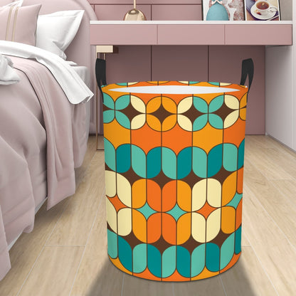 Mid Mod Orange, Teal Geometric Retro MCM Circular Laundry Basket