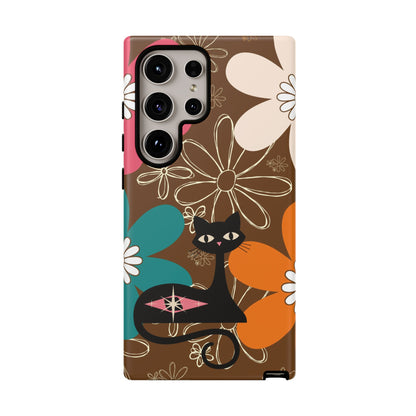 Atomic Cat Retro 70s Vibe Flower Power Tough Cases: Cute Floral and Cat Phone Case for Cat Lovers - Mid Century Modern Gal