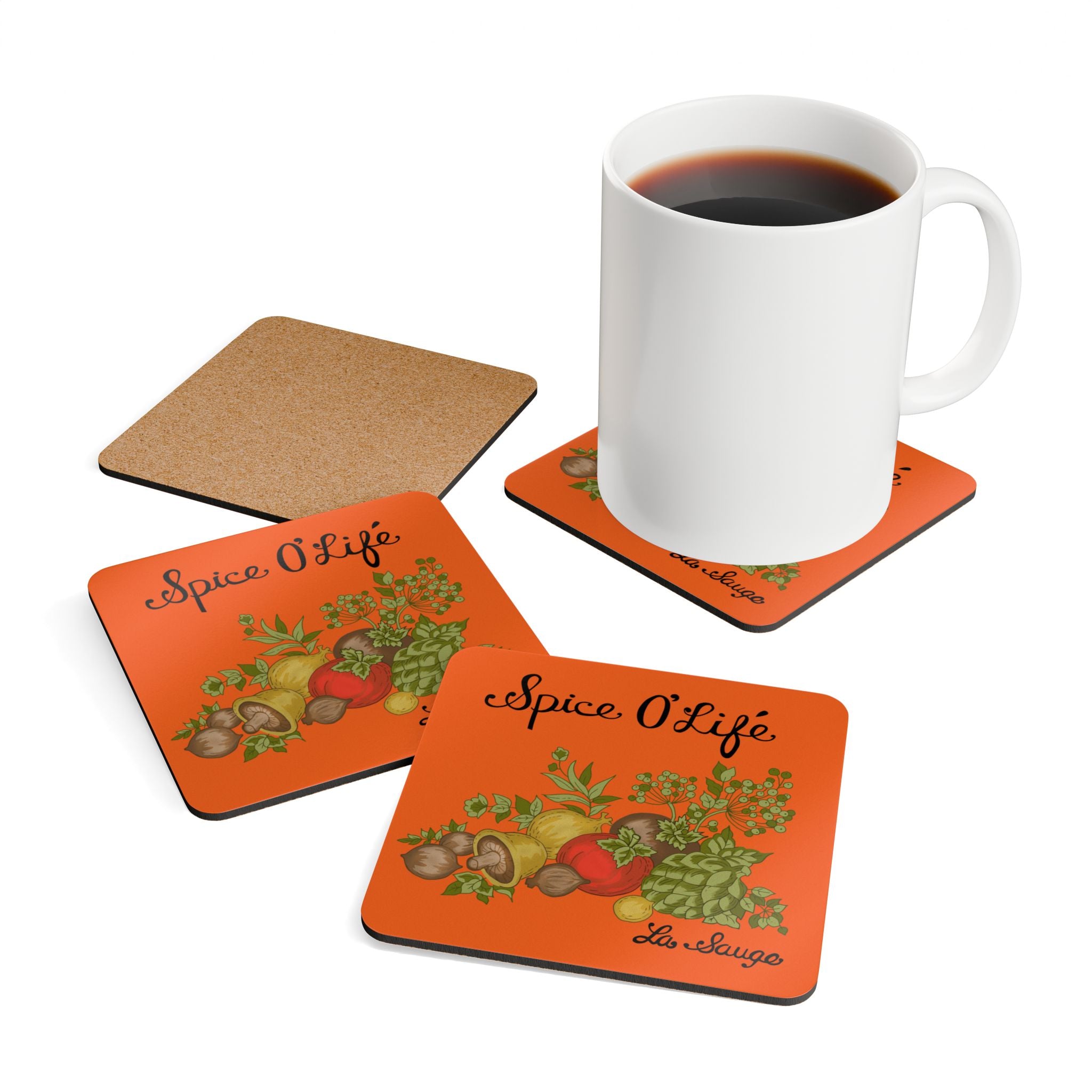 70s Spice Of Life, Corningware Inspired Orange Kitschy Kitchen Corkwood Coaster Set