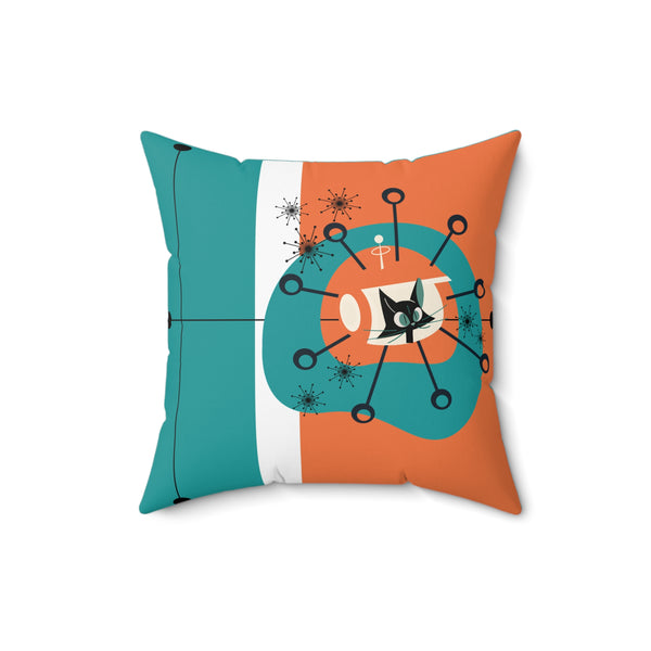 Atomic Space Kittie, Mid Century Modern Orange, Teal, White, Linear Lines, MCM Pillow And Cover