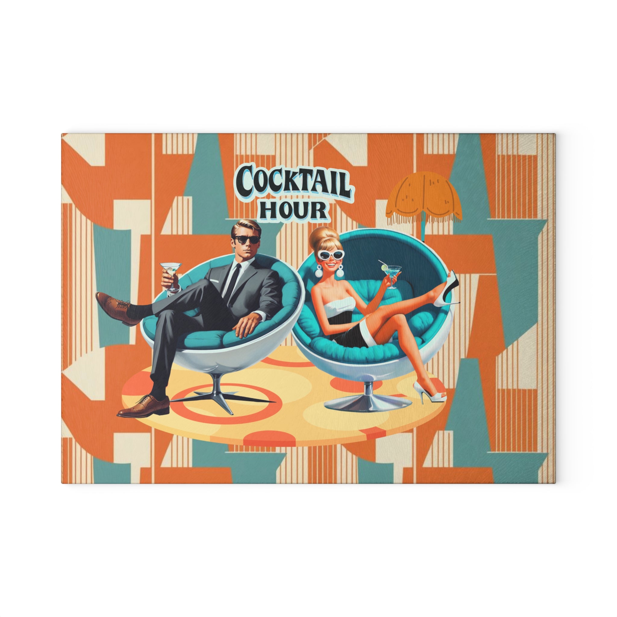 Mid Century Modern Barware Tabletop Glass Cutting Board With Mod 60s Couple,Retro Cocktail Hour - Mid Century Modern Gal