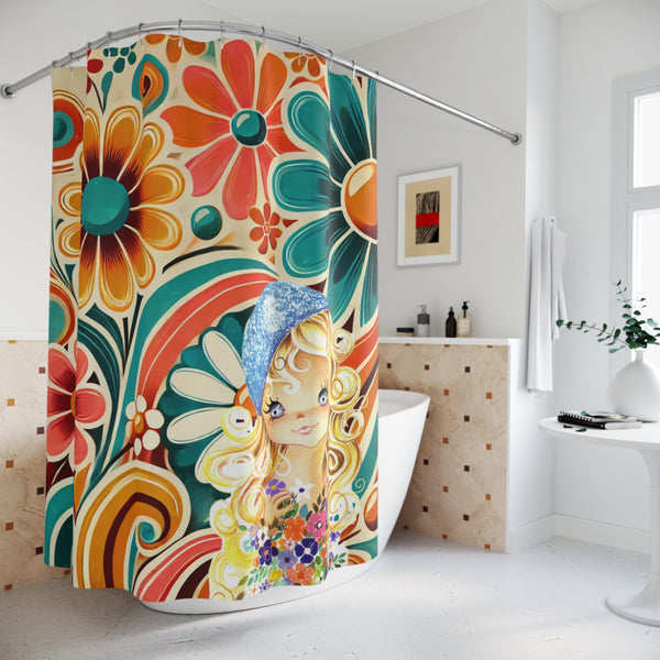 70s Hippie Pretty Big Eyed Girl Retro Floral Shower Curtain - Bohemian Bathroom Decor