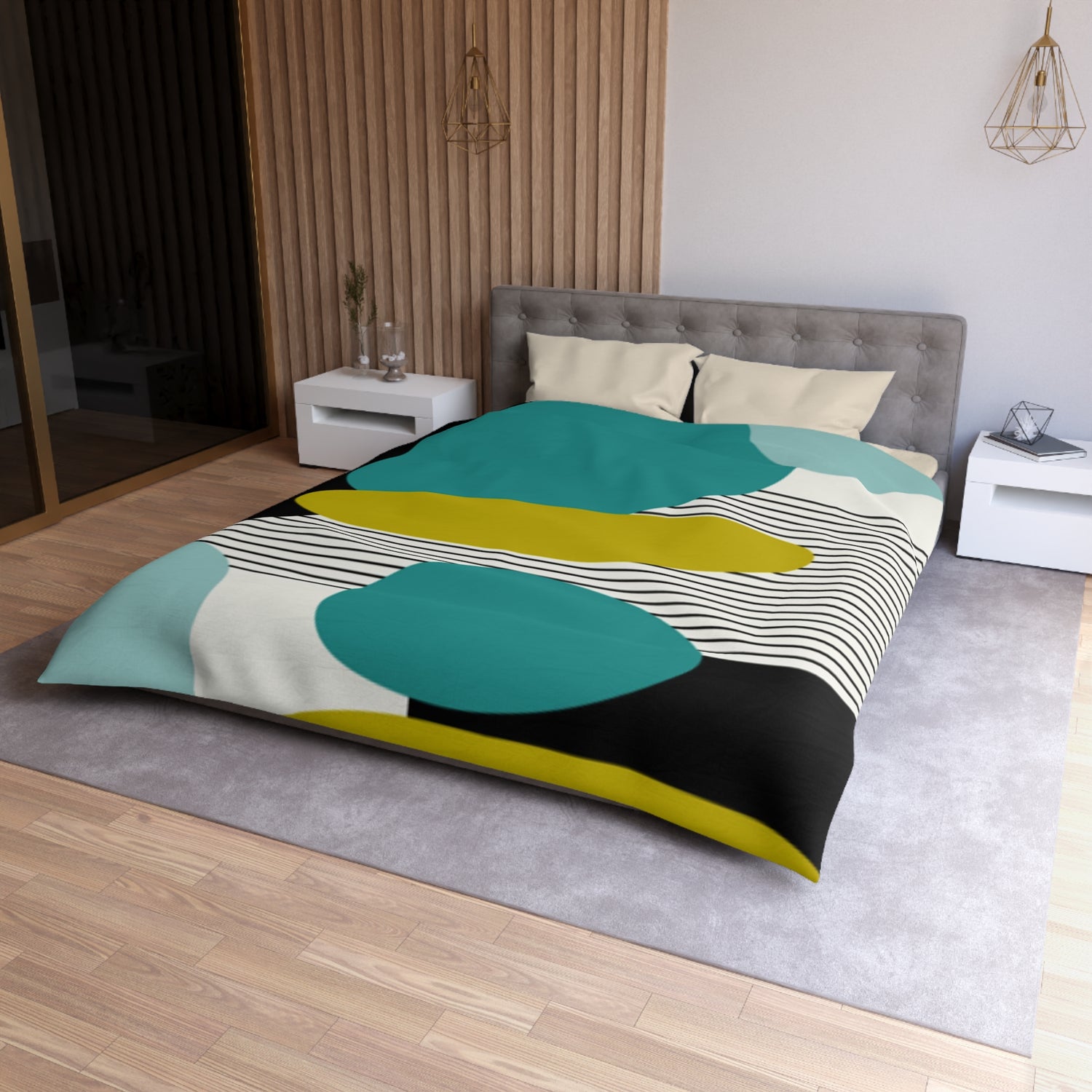 Mid Century Modern Retro MCM Design Abstract Turquoise, Green, Black, Light Blue Microfiber Duvet Cover - Mid Century Modern Gal