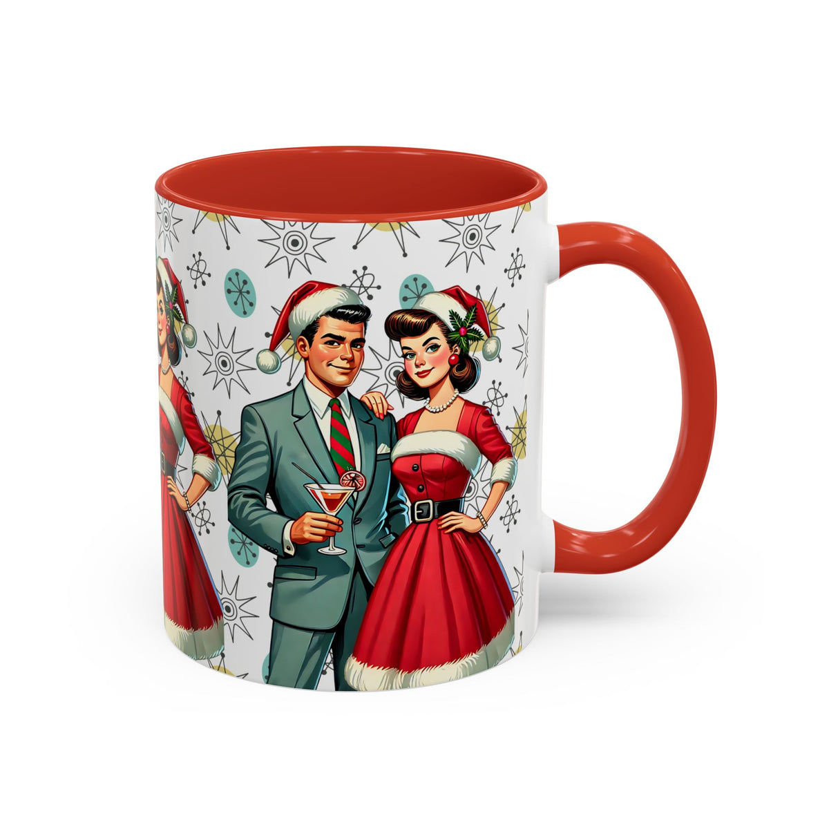 Mid Century Modern Atomic 50s Christmas mug featuring a starburst pattern and retro couple in festive attire.