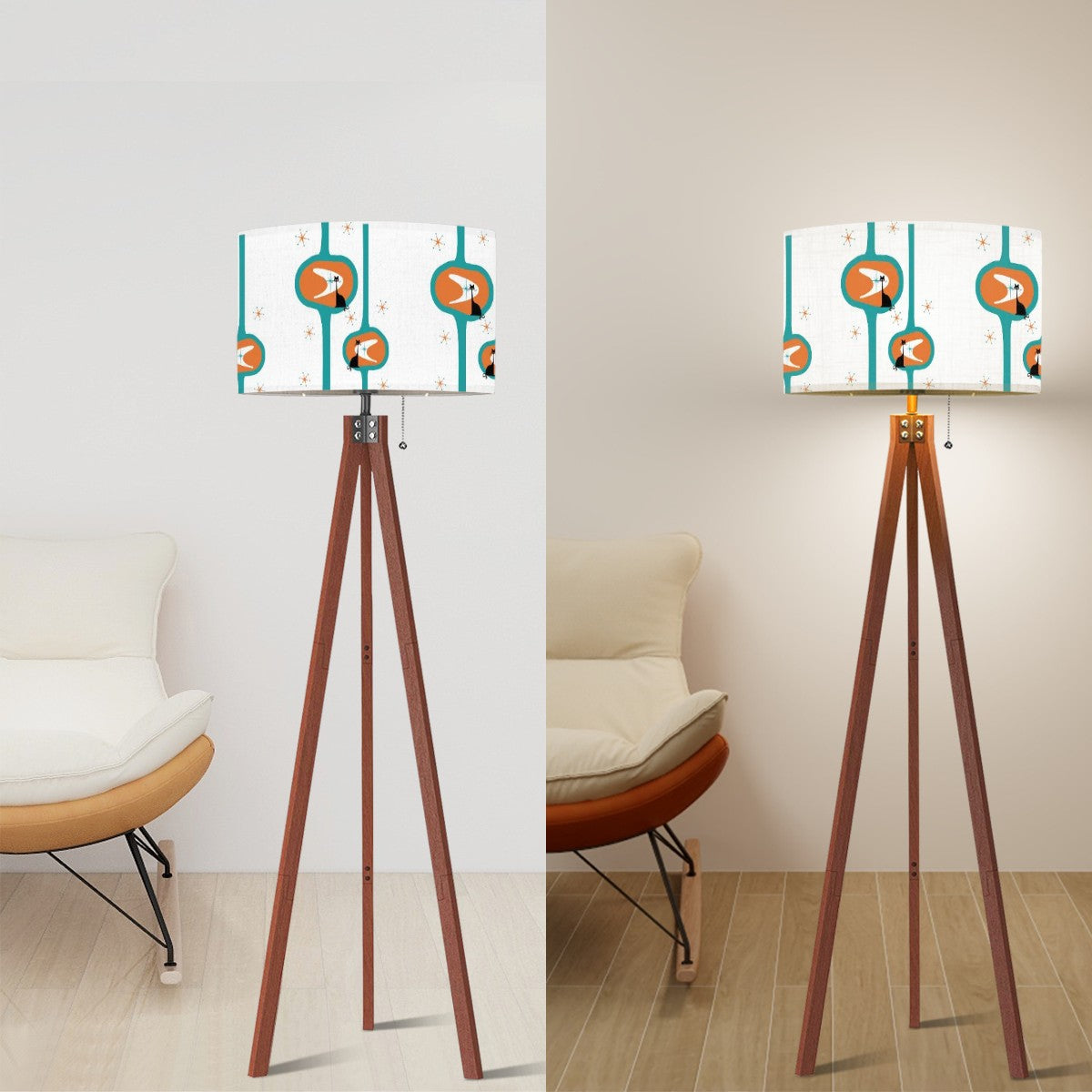 Mid Century Modernist, Atomic Cat, Orange Teal Kitschy Mod Tripod Floor Lamp - Mid Century Modern Gal