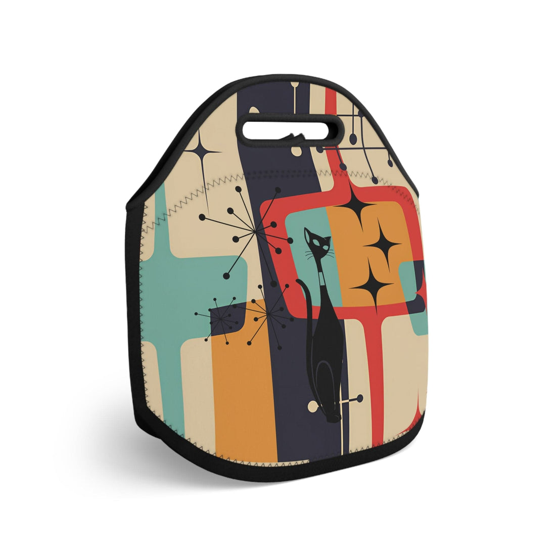 Atomic Cat, Mid Mod Geometric Cool, Kitsch Adult Retro Neoprene Lunch Bag Bags 12&quot; × 12&