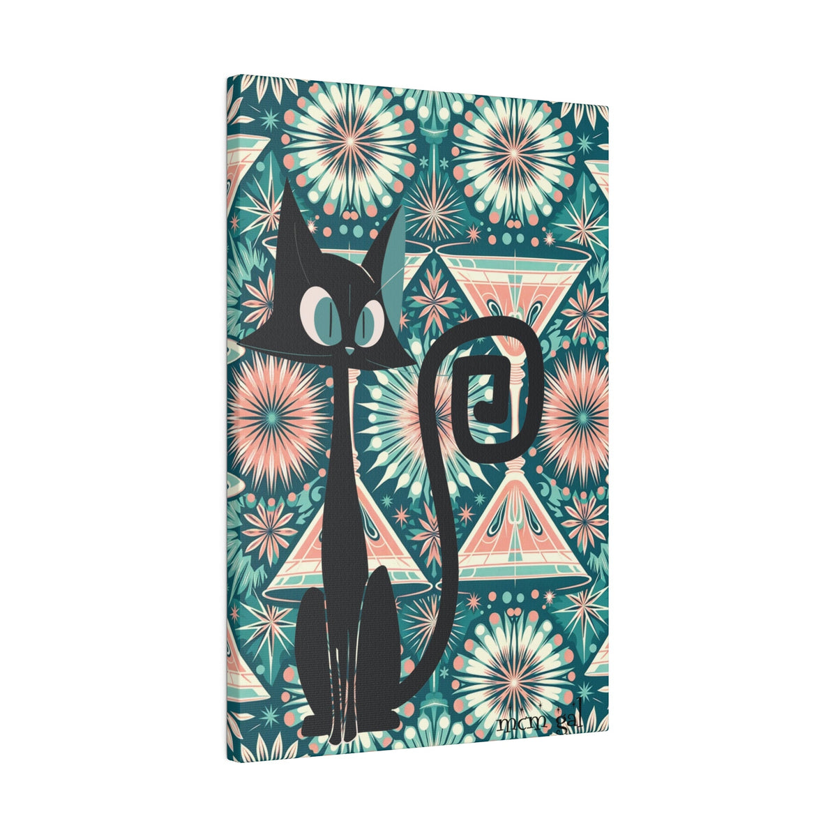 Mid Century Modern Wall Art, Original Atomic Kitschy Cat, Teal, Pink 50s Style Matte Canvas Canvas 12″ x 18″ (Vertical) / 0.75''