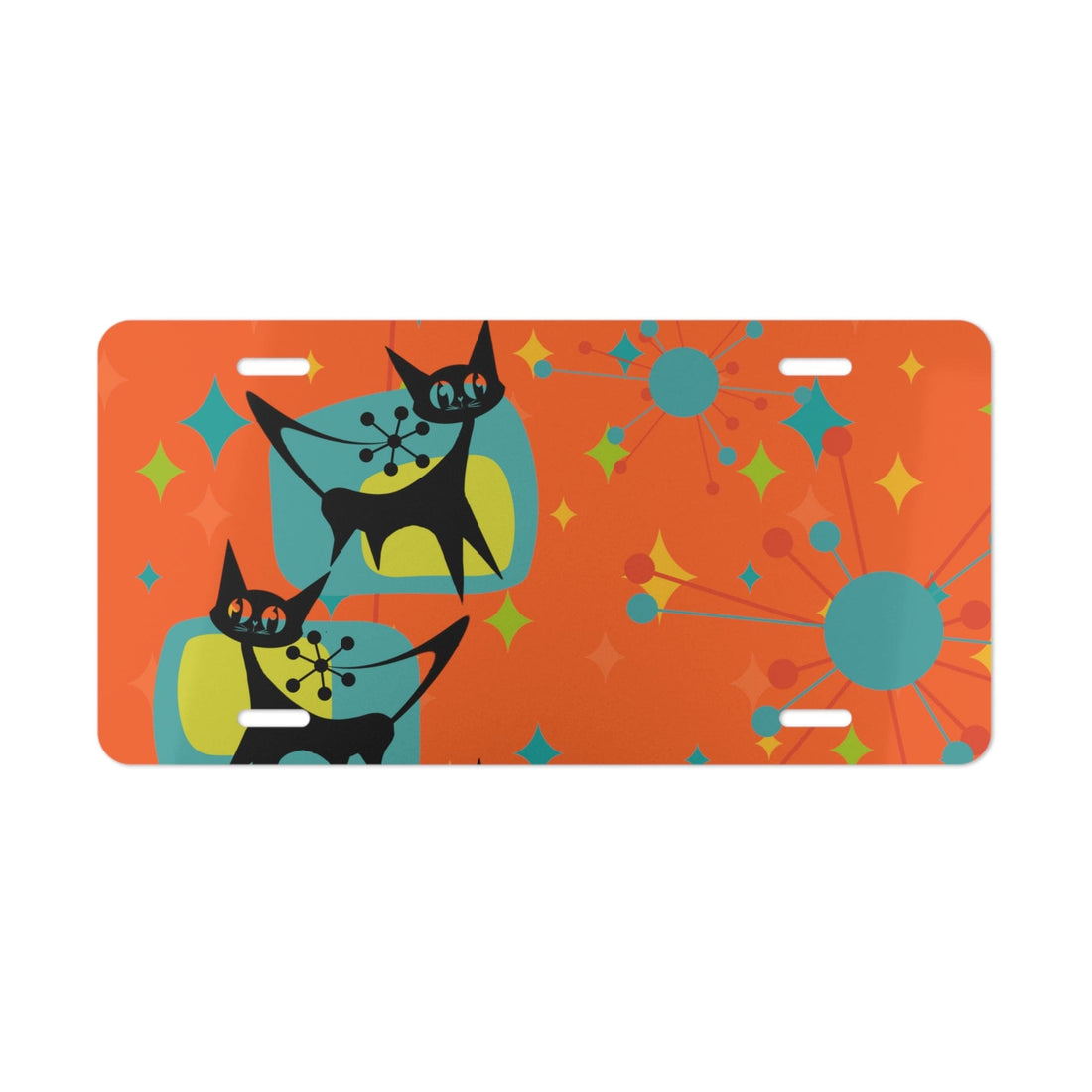 Atomic Kitschy Cat, Orange, Atomic Starburst, Crazy Cats Fun Retro Vanity Plate Accessories 12&quot; × 6&quot;