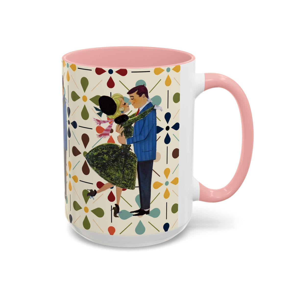 Mid Century Modern 50s Christmas mug featuring a kitschy couple dancing against a colorful floral background.