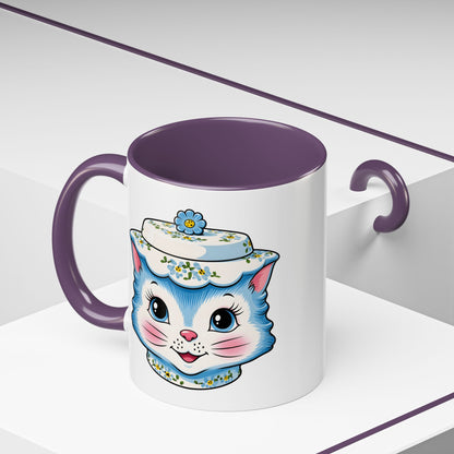 Mid Century Modern Kitschy Anthropomorphic Blue Cat with Floral Hat Accent Coffee Mug - Mid Century Modern Gal