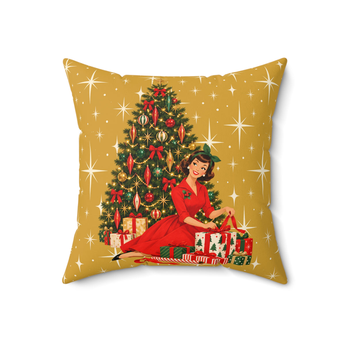 Mid Century Modern Christmas Glamour Gal Wrapping Presents by Tree, Gold Atomic Starbursts Pillow Cover and Insert - Mid Century Modern Gal