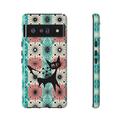Atomic Kitschy Cat, Mid Century Modern Pink, Aqua Starbursts Tough Phone Case