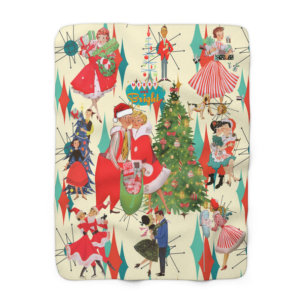 1950s Kitschy Christmas Card, Retro Christmas Sherpa Fleece Blanket, Cozy Holiday Decor, Gifts for Her, Vintage Style Winter Throw