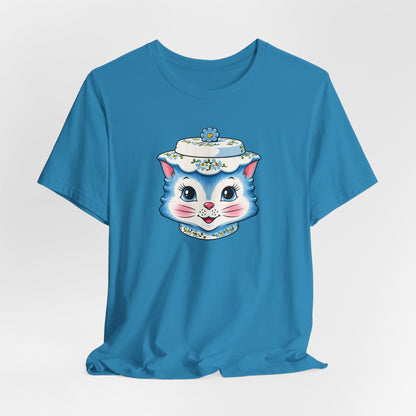 Mid Century Modern Kitschy Anthropomorphic Blue Cat with Floral Hat Unisex T-Shirt