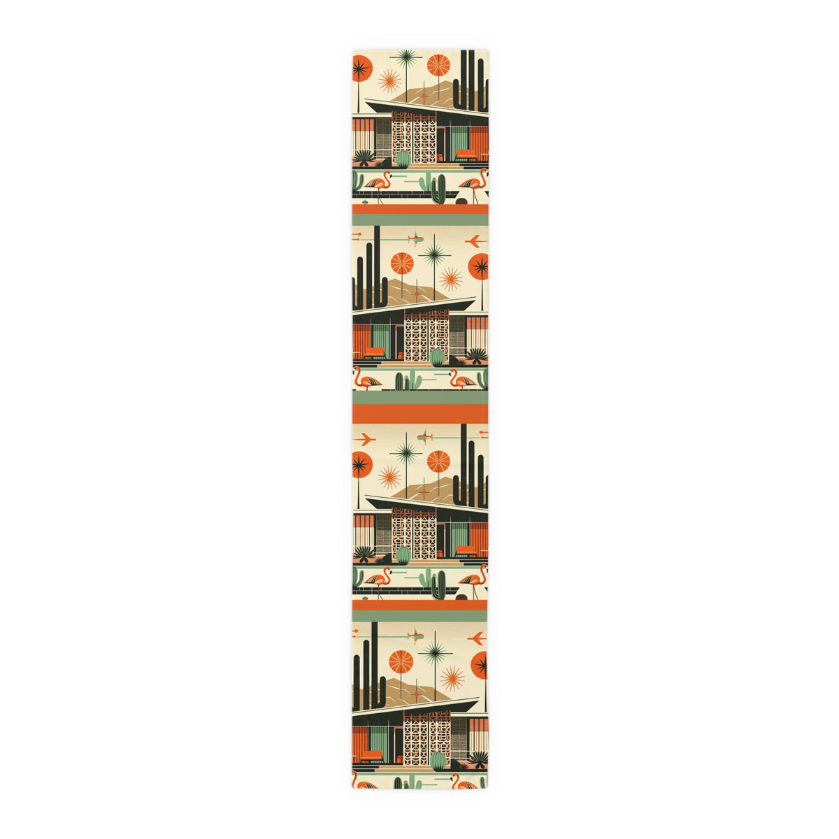 Mid Century Modern Palm Springs Cali, Green, Orange, Breezeblock, Flamingo MCM Home Table Runner - Mid Century Modern Gal