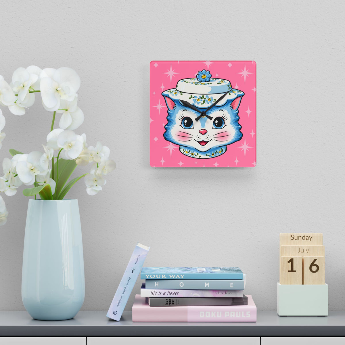 Mid Century Modern Kitschy Anthropomorphic Blue Cat with Floral Hat Acrylic Wall Clock