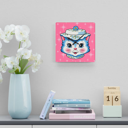Mid Century Modern Kitschy Anthropomorphic Blue Cat with Floral Hat Acrylic Wall Clock