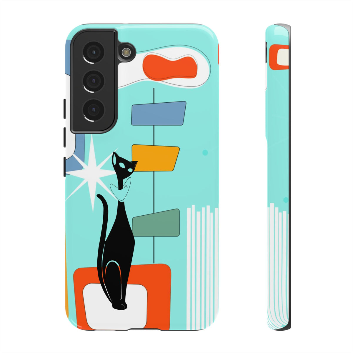 Atomic Cat, Mid Mod Aqua Blue, Geometric, Samsung, Google Pixel, Apple iPhone Tough Cases - Mid Century Modern Gal