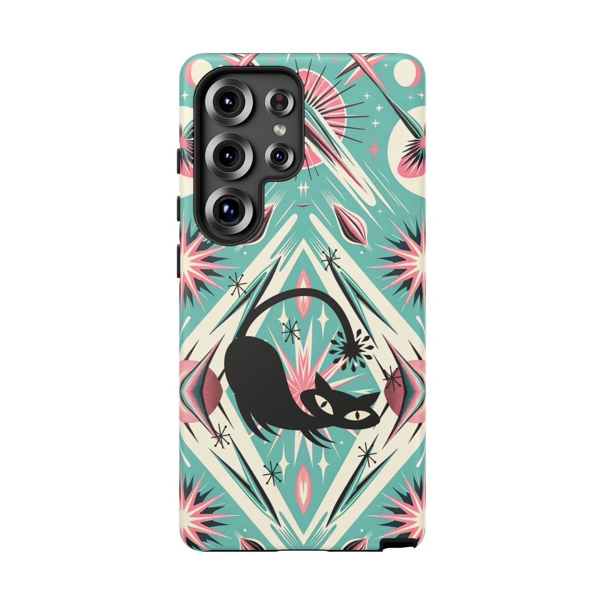 Atomic Cat, Mid Century Modern Aqua Blue, Pink, Starbursts Tough Phone Case