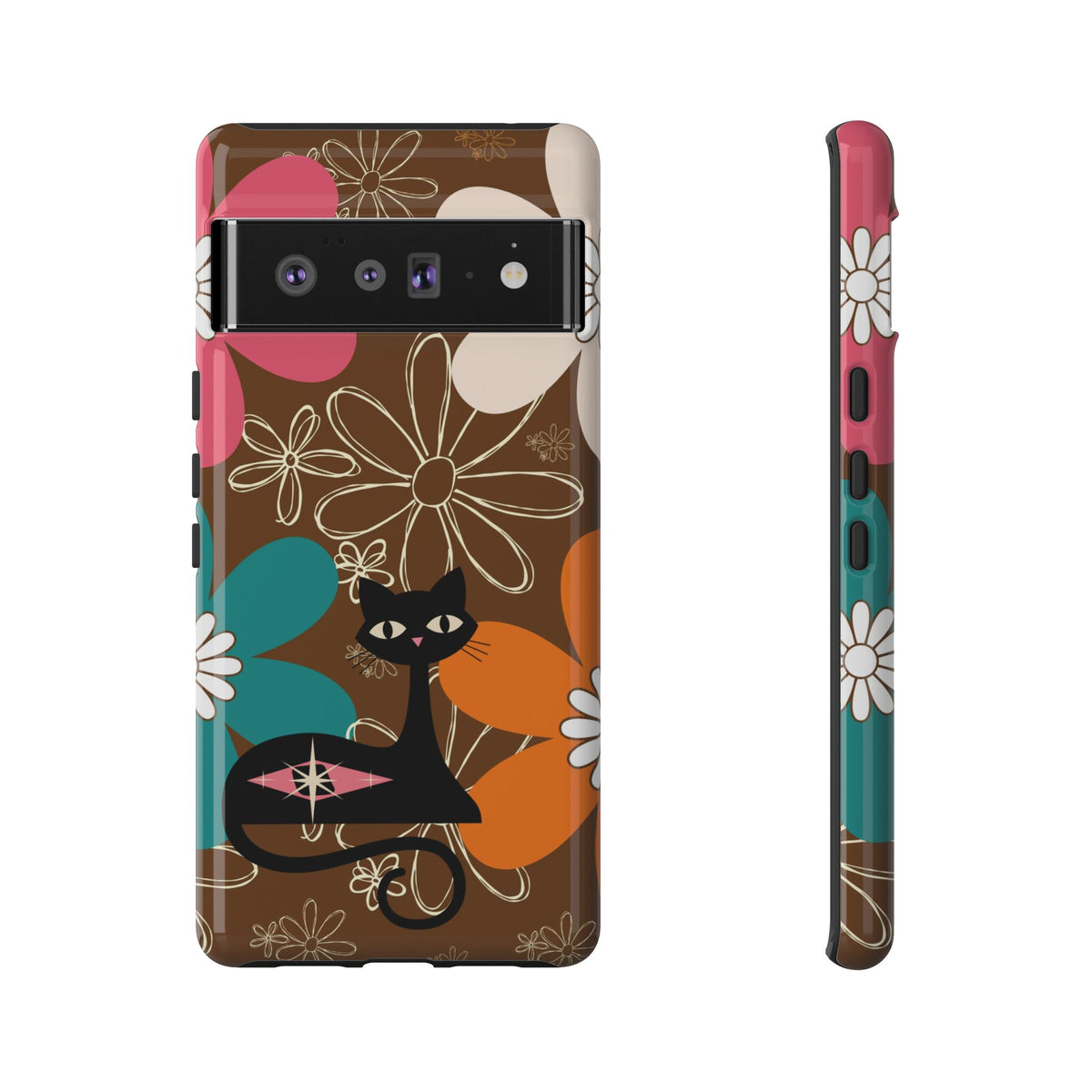 Atomic Cat Retro 70s Vibe Flower Power Tough Cases: Cute Floral and Cat Phone Case for Cat Lovers