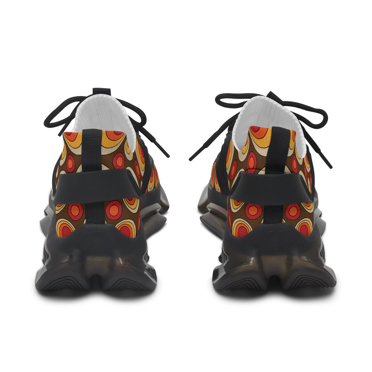 Retro Groovy Orbs, Brown, Orange Yellow Hip Style Women's Mesh Sneakers with Colorful Design - Mid Century Modern Gal