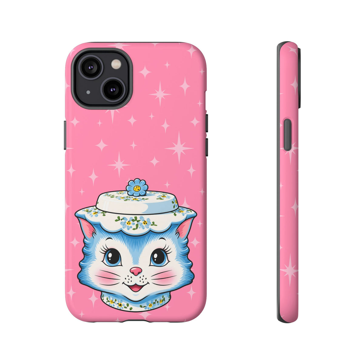 Mid Century Modern Kitschy Anthropomorphic Blue Cat with Floral Hat Tough Phone Case