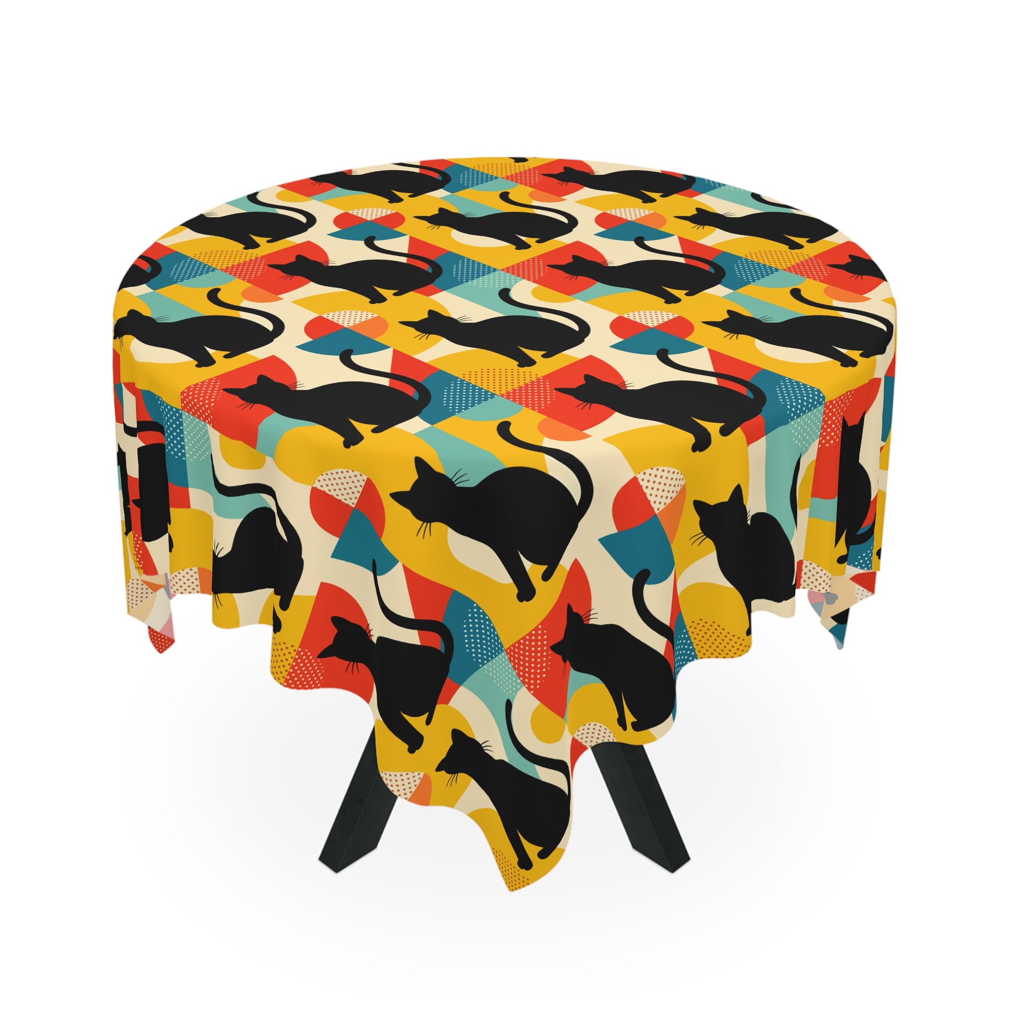 Pop Art Black Atomic Cats, Red Blue Yellow, Tablecloth - Mid Century Modern Gal