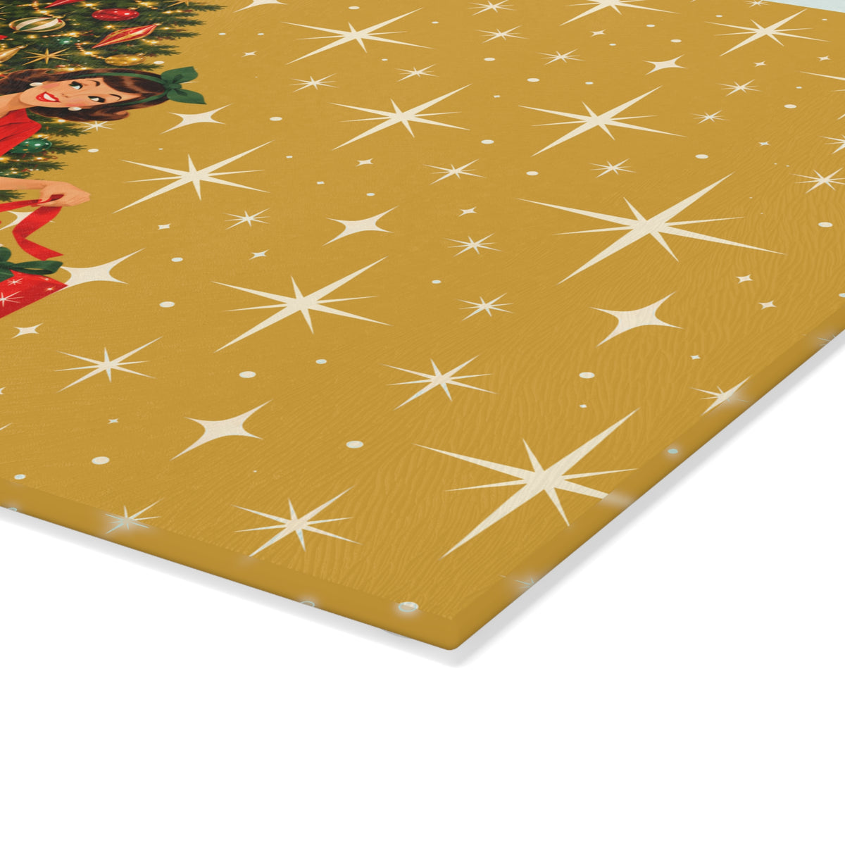 Mid Century Modern Christmas Glamour Gal Wrapping Presents by Tree, Gold Atomic Starbursts Glass Cutting Board