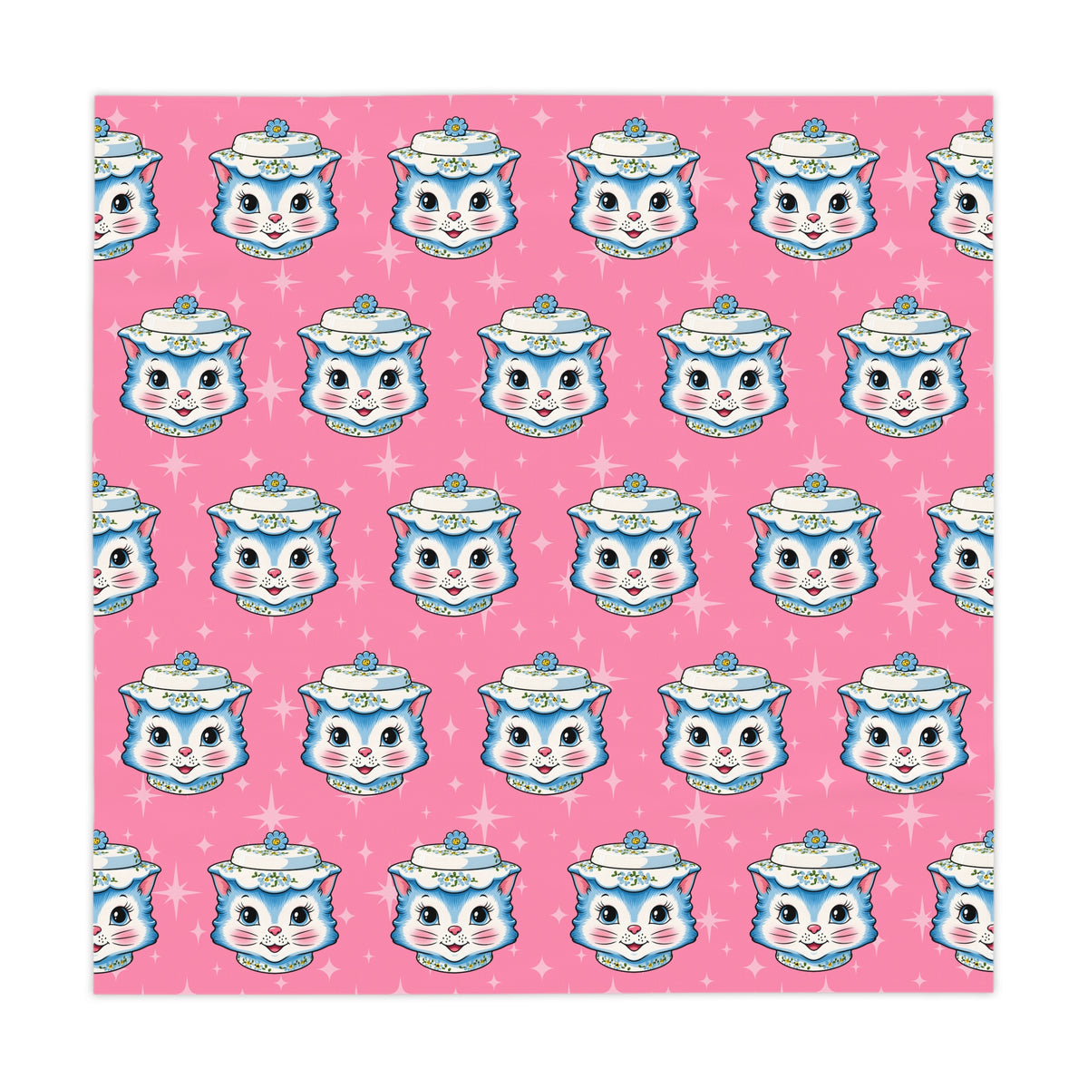 Mid Century Modern Kitschy Anthropomorphic Blue Cat with Floral Hat Tablecloth - Mid Century Modern Gal