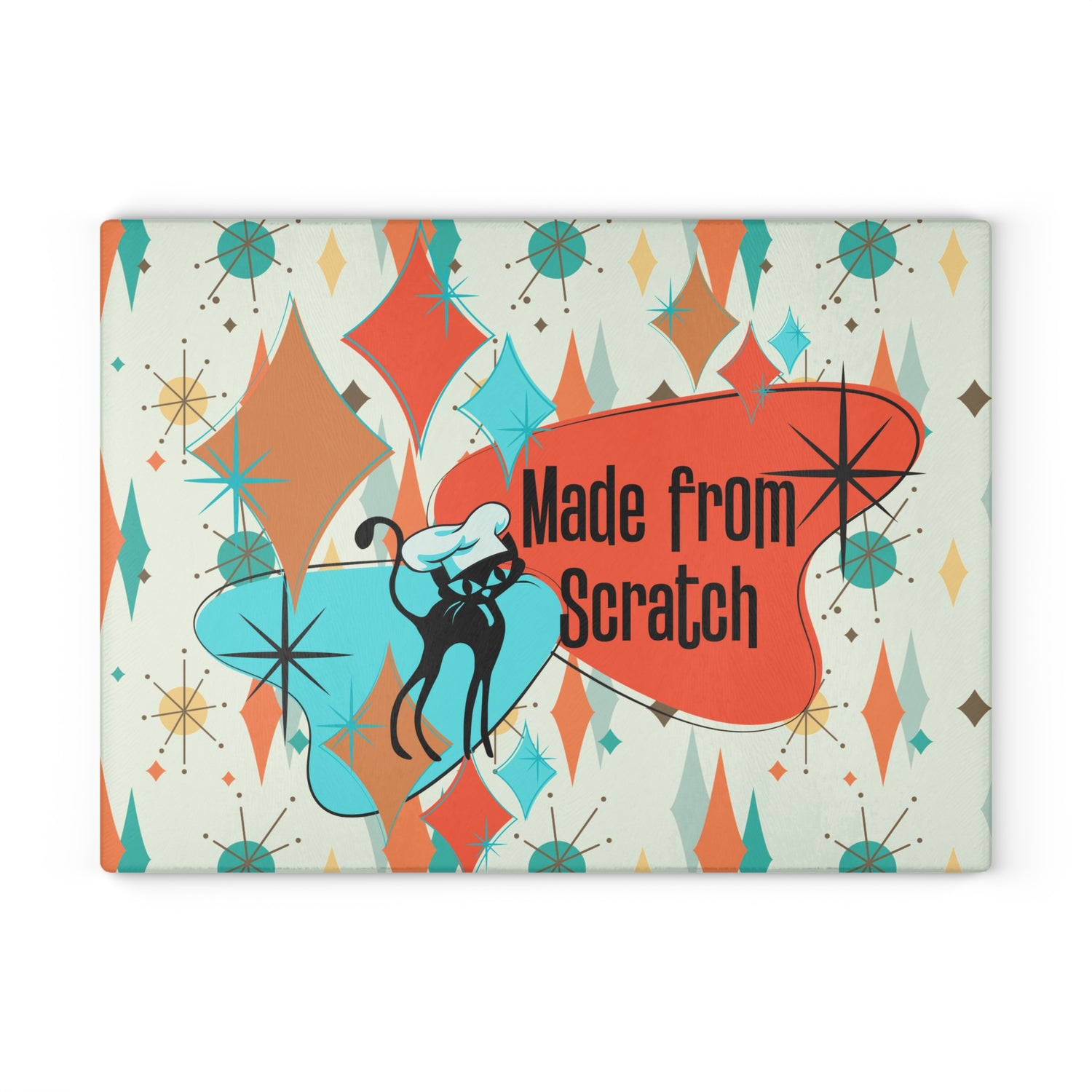 Mid Century Modern Glass Cutting Board, Atomic Cat, Made From Scratch Housewarming Gift, In Francisan Starburst Pattern - Mid Century Modern Gal