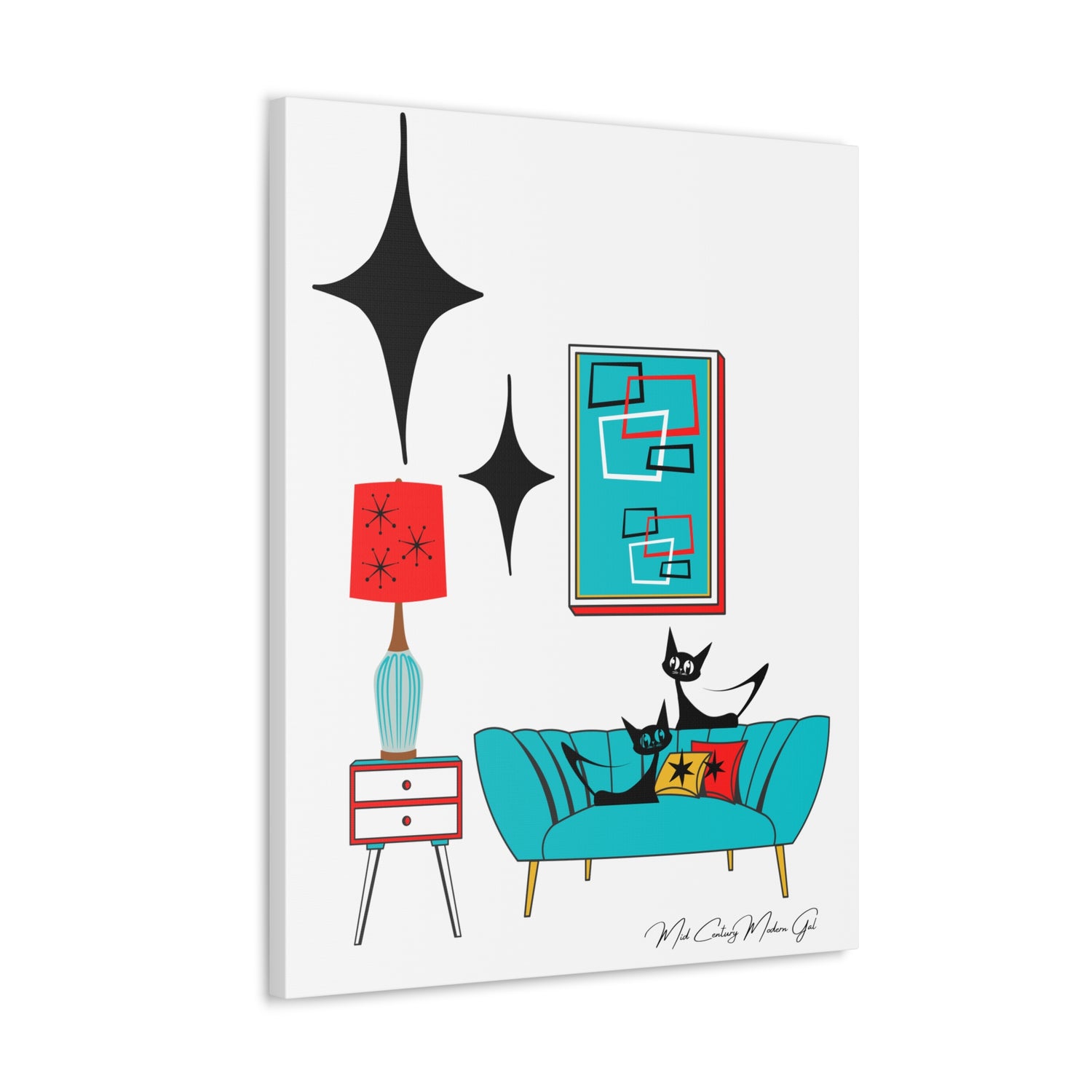 Mid Century Modern Wall Art, Atomic Cat Living Room Retro. Teal Blue, Red, Black Canvas Art