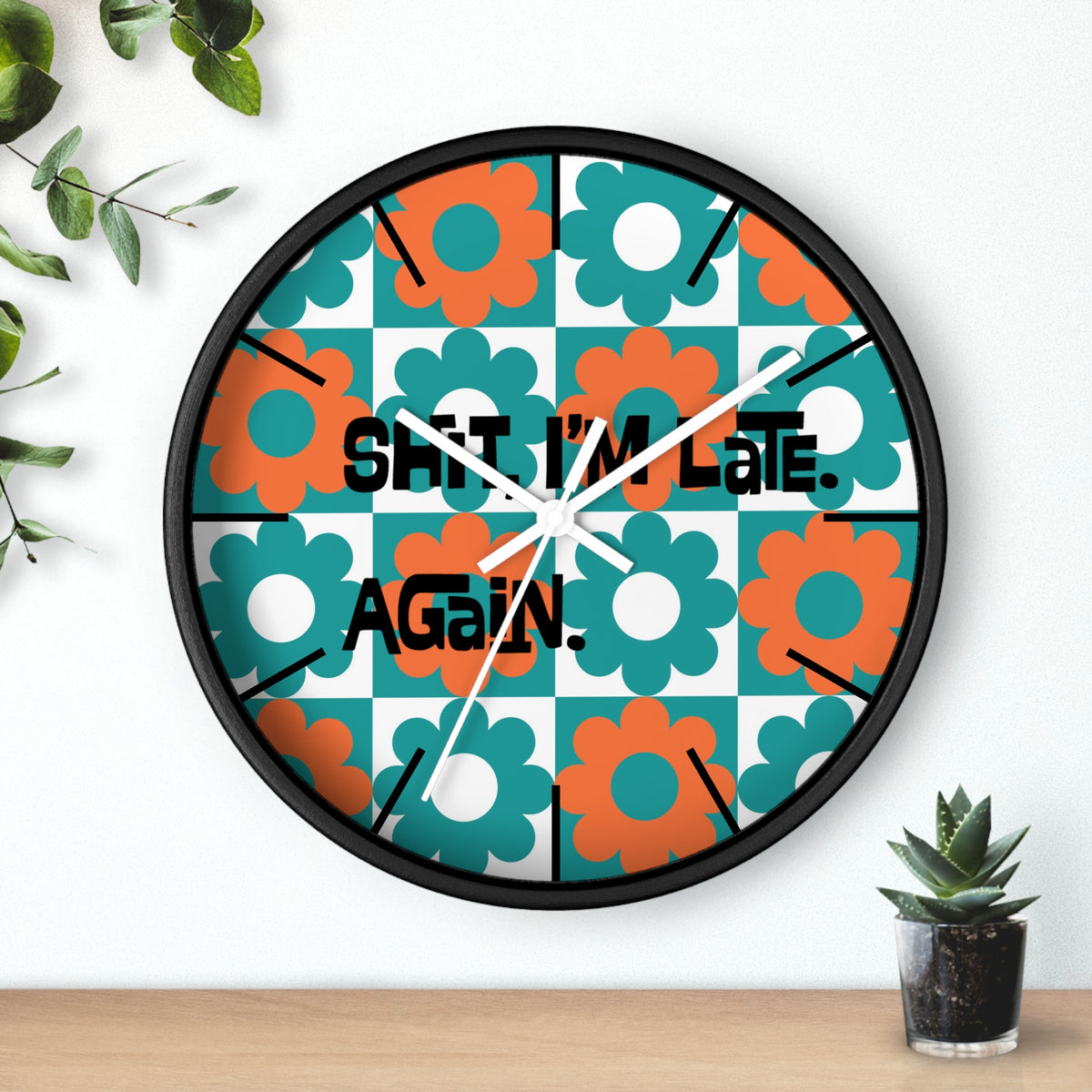 Retro Flower Clock, Funny I'm Late, Flower Power 70s Style Round Wall Clock - Mid Century Modern Gal