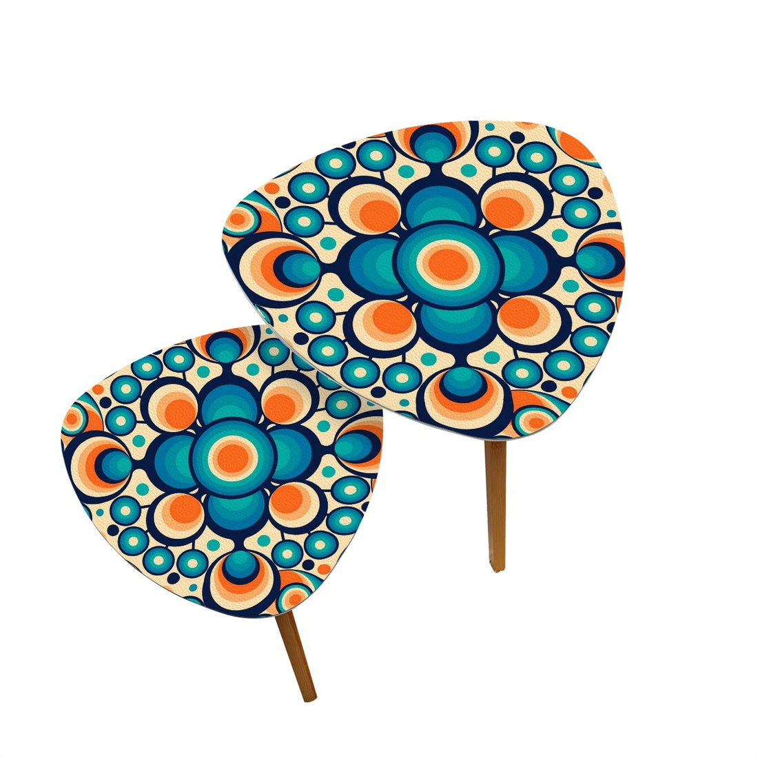 Groovy Mid Mod Nesting Tables, Blue, Orange Orbs Mod Table Set - Mid Century Modern Gal