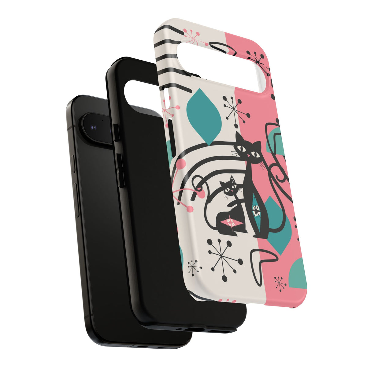 Mid Mod Atomic Cat Boomerang Starburst, Pink, Black Kitschy Stylish Cat Phone Case: Modern Design for Cat Lovers
