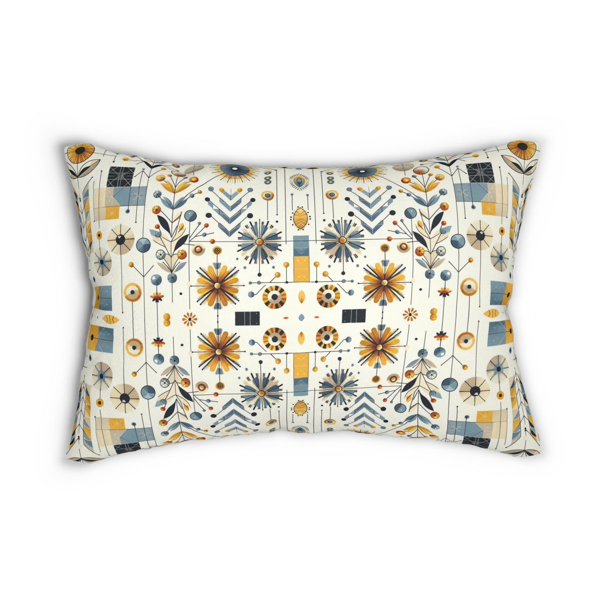 Modern Scandinavian Danish Norwegian Designed Floral Golden Yellow, Blue Mid Century Modern Lumbar Pillow