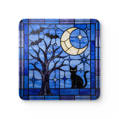 Halloween Stained Glass Style Night Sky Black Cat Corkwood Coaster Set