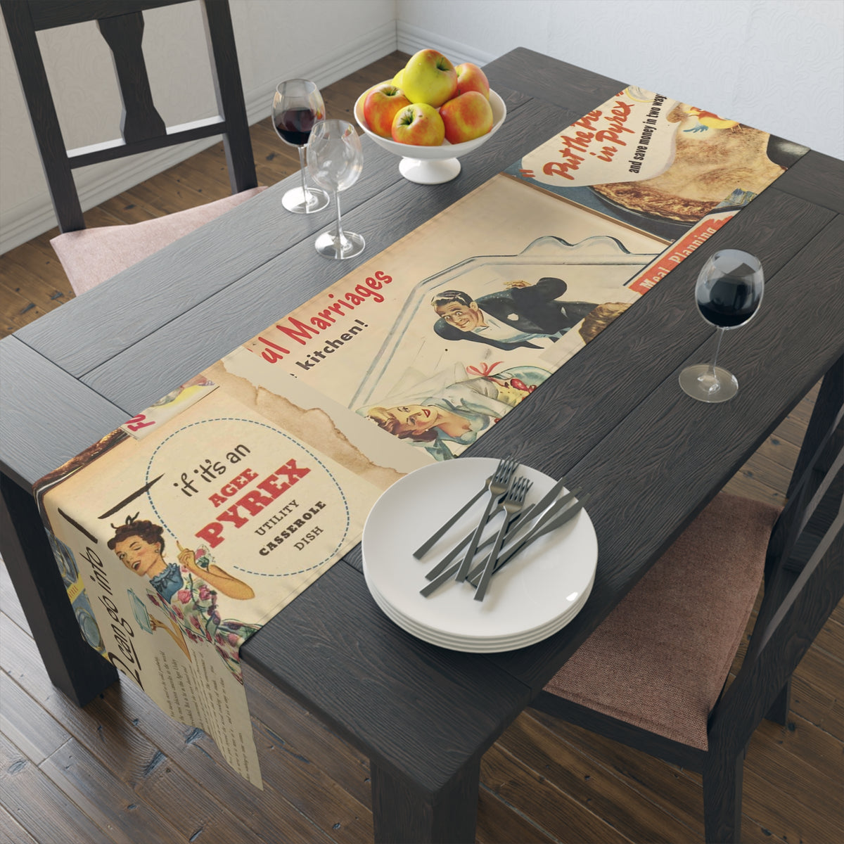 Vintage Pyrex Kitchen Ads, Mod Kitschy 50s Table Runner - Mid Century Modern Gal