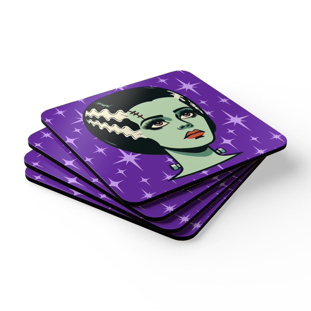 Bride of Frankenstein Retro Mid Mod Horror Buff Purple Halloween Corkwood Coaster Set - Mid Century Modern Gal