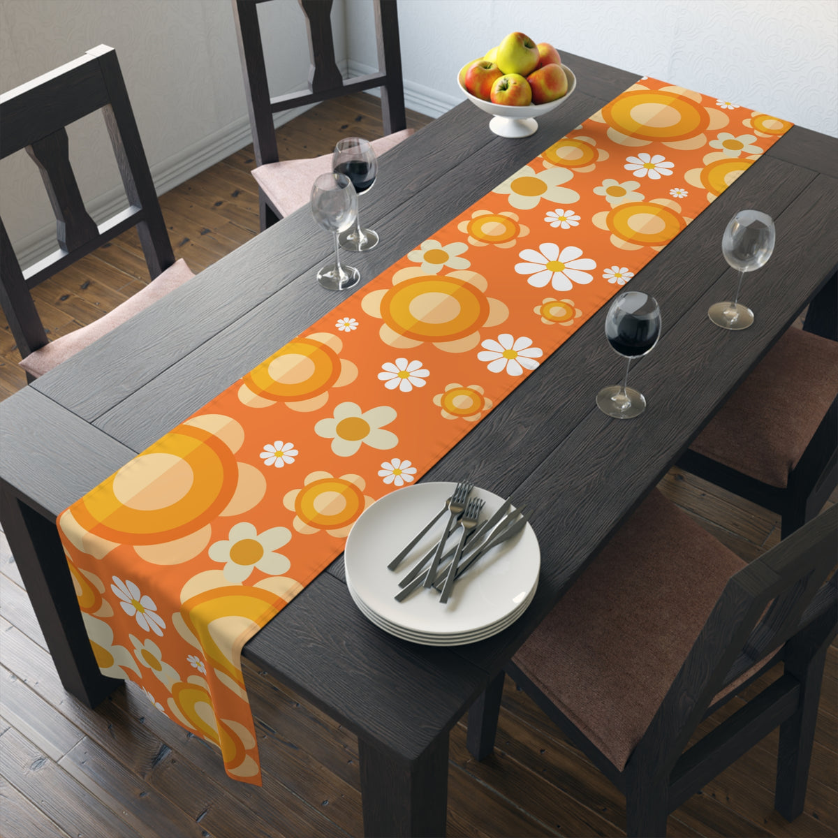 60's Vibe Flower Power Groovy Funky Daisy Orange Mid Mod Table Runner - Mid Century Modern Gal