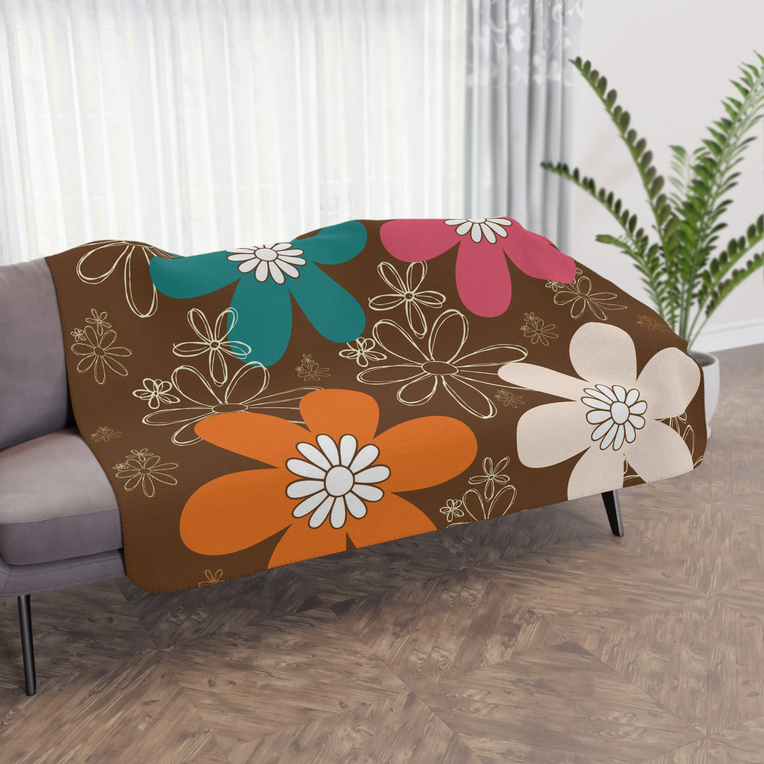 Retro Flower Power Brown, Orange Teal Pink Mid Mod Cozy Floral Tan Sherpa Blanket for Home &amp; Gifts - Mid Century Modern Gal