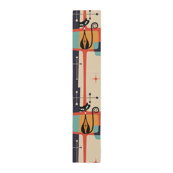 Atomic Cat Table Runner, Mid Century Modern Geometric Kitschy Mod Style