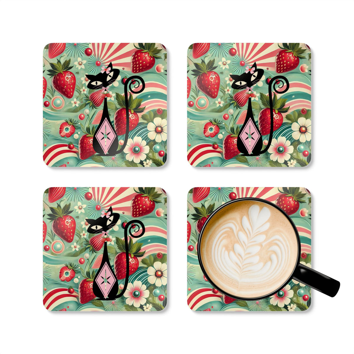 Atomic Cat, Whimsical Cat & Strawberry Cork Coaster Set - Fun and Vintage Decor for Home - Mid Century Modern Gal