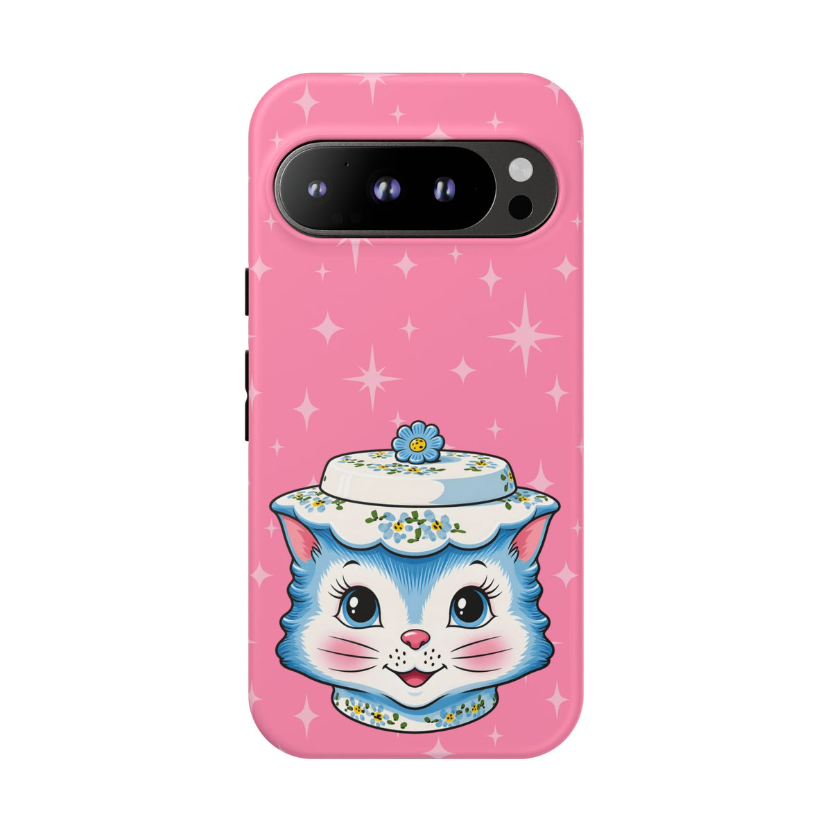 Mid Century Modern Kitschy Anthropomorphic Blue Cat with Floral Hat Tough Phone Case