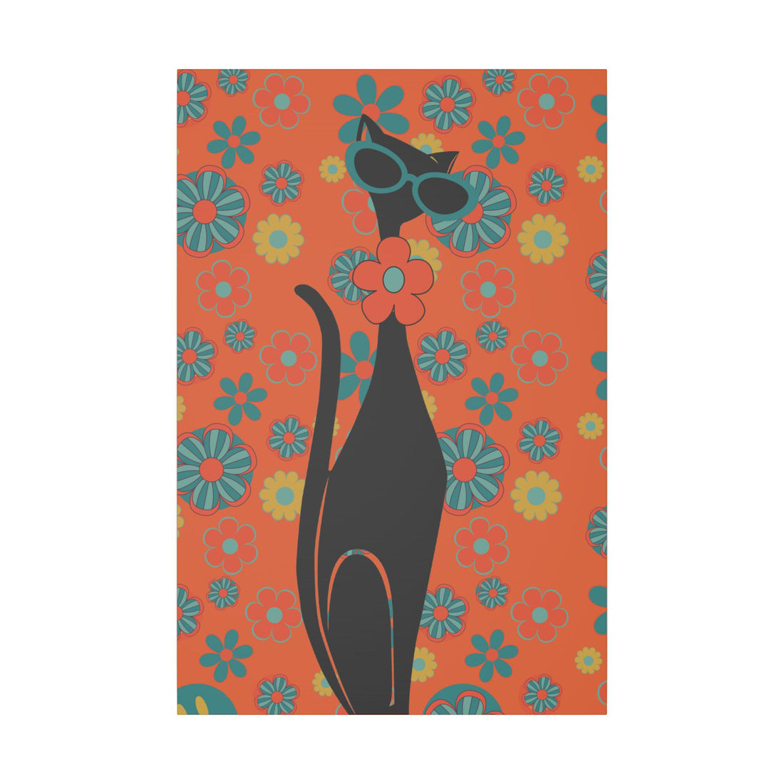 Atomic Cat, Flower Power, Retro 70s Whimsical Cat Wall Art Canvas - Colorful Floral Design, Home Décor - Mid Century Modern Gal