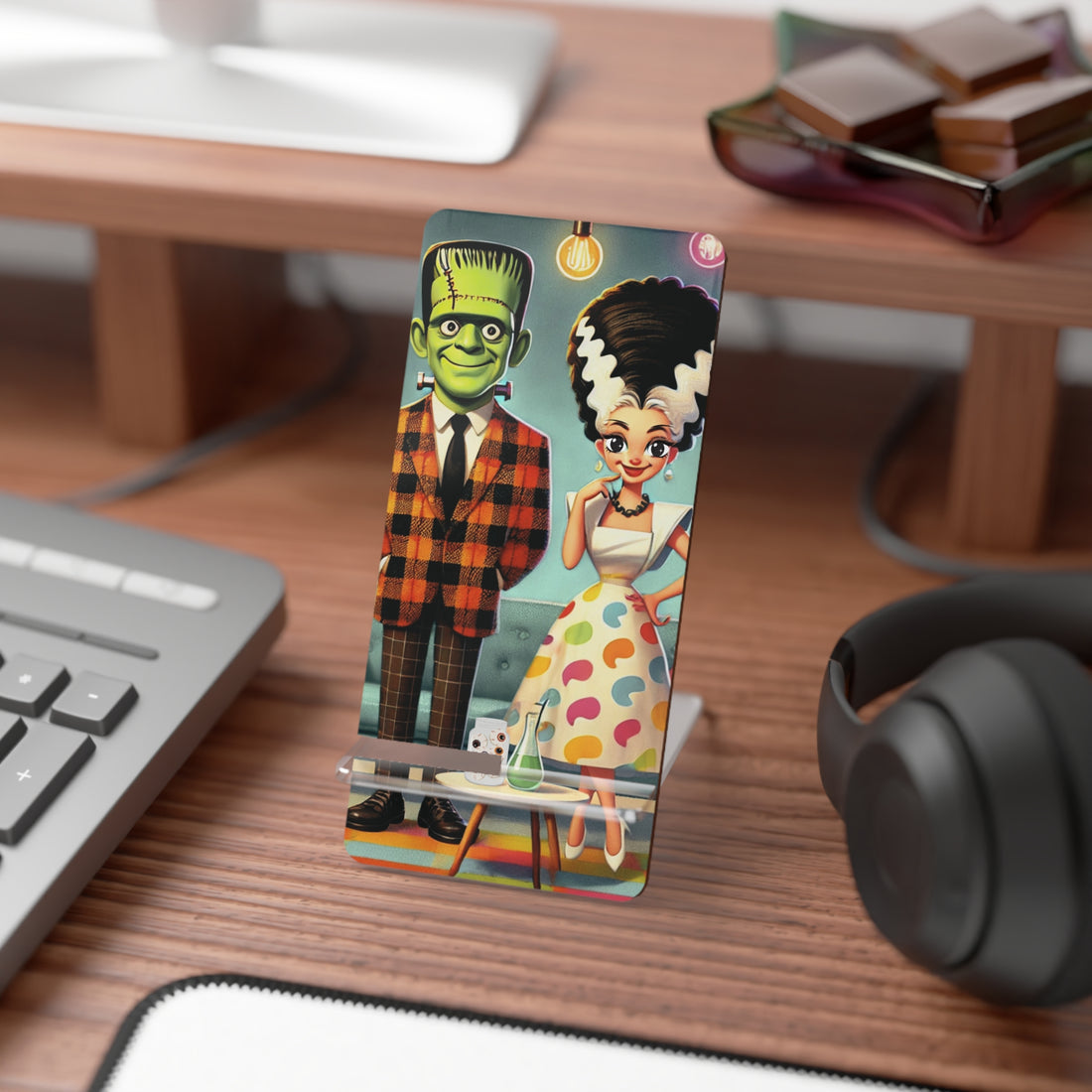 Frankenstein &amp; Bride Mobile Display Stand - Cute Retro Phone Holder - Mid Century Modern Gal
