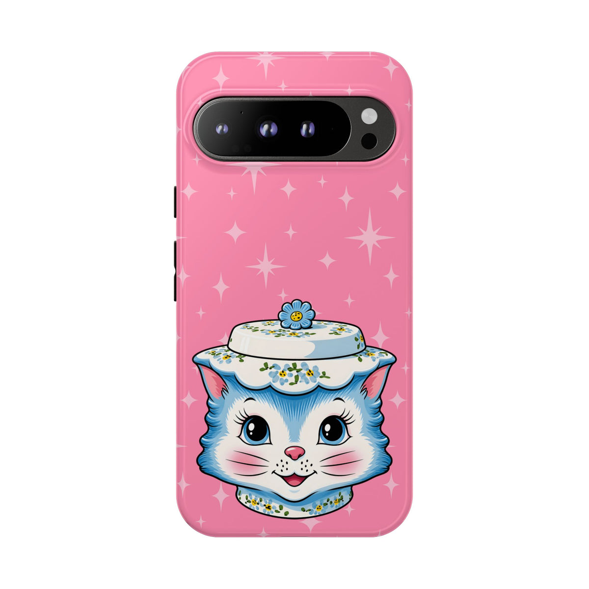 Mid Century Modern Kitschy Anthropomorphic Blue Cat with Floral Hat Tough Phone Case